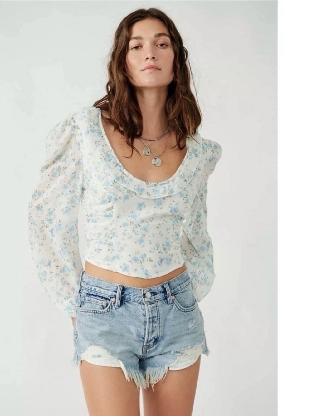 Free People Top Another Life Blue White Floral Cropped Boho Feminine Coquette